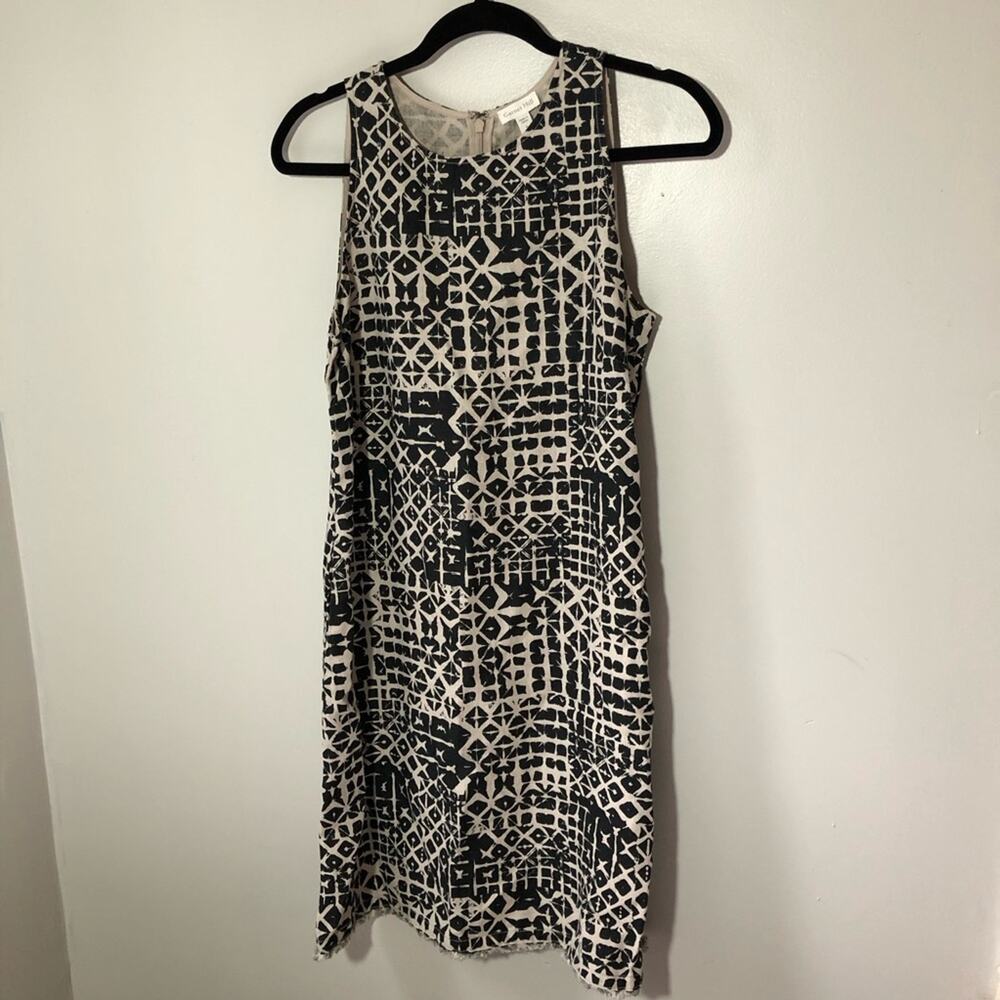 Garnet Hill womens 4 linen geometric black cream tank dress fringe hem pockets
